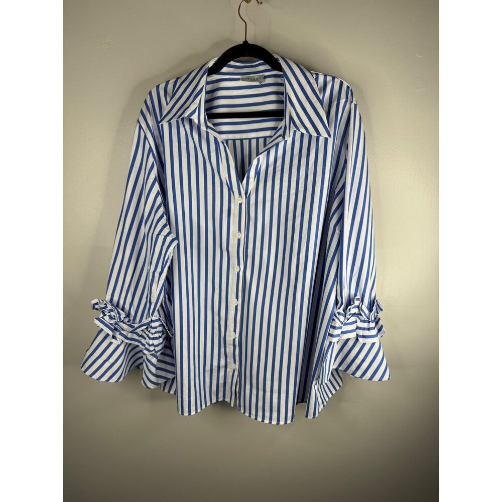 NWT Harshman Ruffle Sleeve Selina Button Down Blouse Indigo Stripes Plus Size 1X - Picture 5 of 7